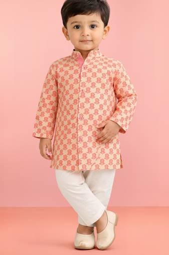Baby boys peach pure cotton floral print kurta pyjama set