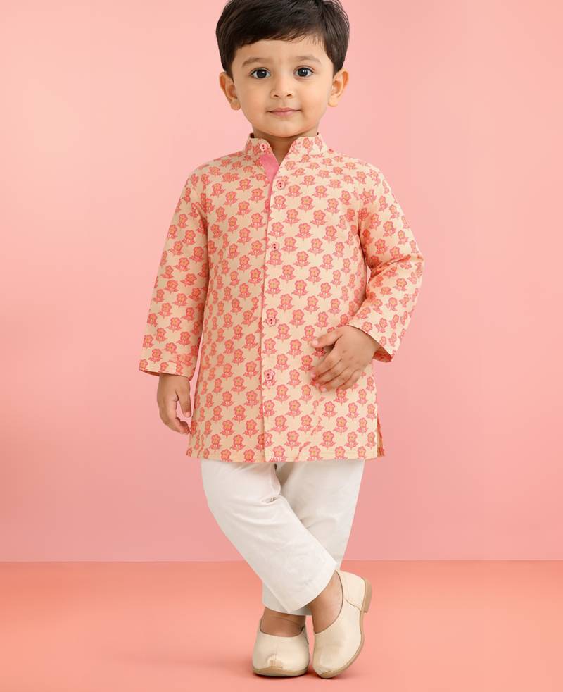 Baby boys peach pure cotton floral print kurta pyjama set