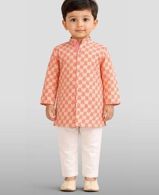 Baby boys peach pure cotton floral print kurta pyjama set 3