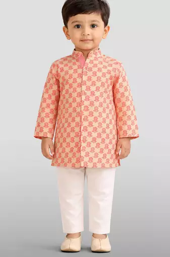 Baby boys peach pure cotton floral print kurta pyjama set