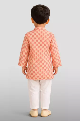 Baby boys peach pure cotton floral print kurta pyjama set