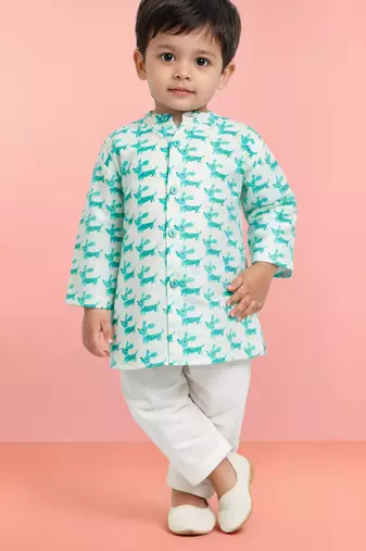 Baby boys aqua pure cotton animal print kurta pyjama set