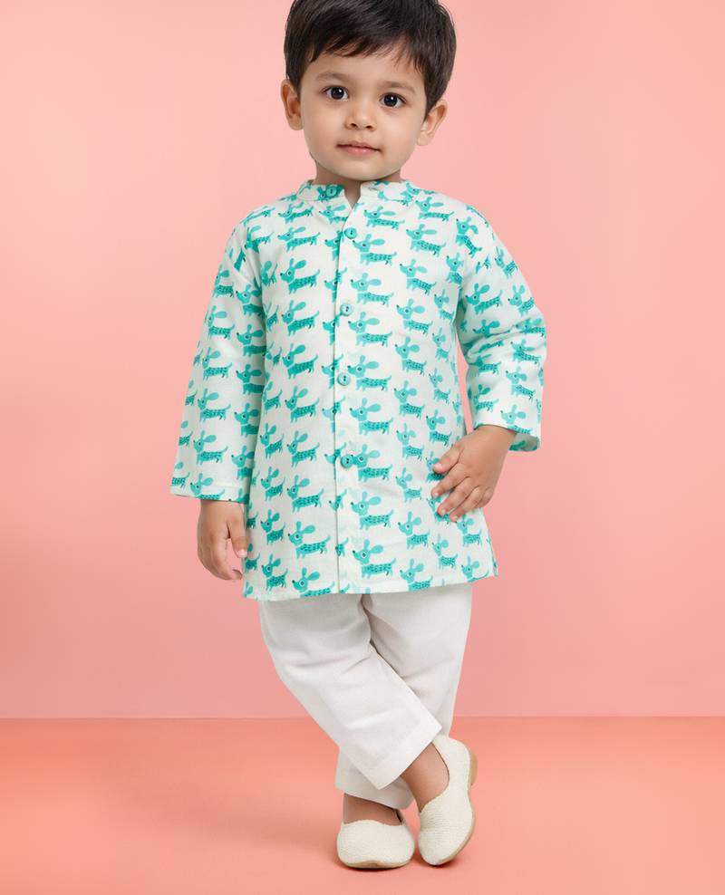Baby boys aqua pure cotton animal print kurta pyjama set