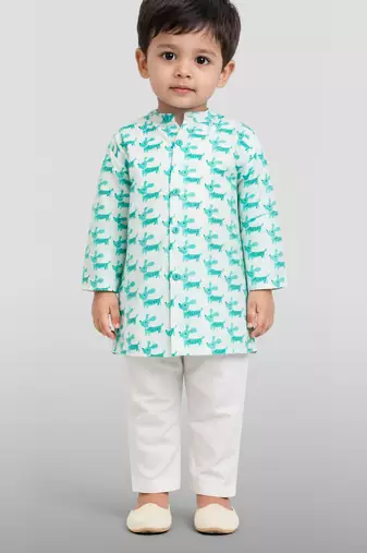 Baby boys aqua pure cotton animal print kurta pyjama set