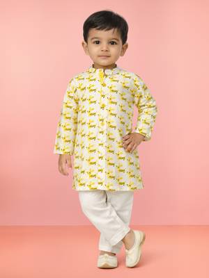 Baby boys yellow pure cotton animal print kurta pyjama set 1