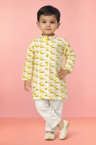 Baby boys yellow pure cotton animal print kurta pyjama set