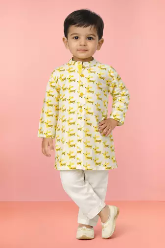Baby boys yellow pure cotton animal print kurta pyjama set