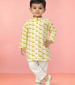 Baby boys yellow pure cotton animal print kurta pyjama set