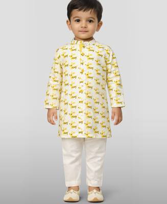 Baby boys yellow pure cotton animal print kurta pyjama set 3
