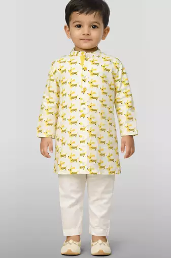 Baby boys yellow pure cotton animal print kurta pyjama set