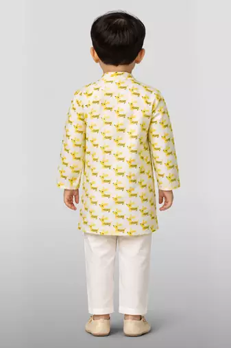 Baby boys yellow pure cotton animal print kurta pyjama set