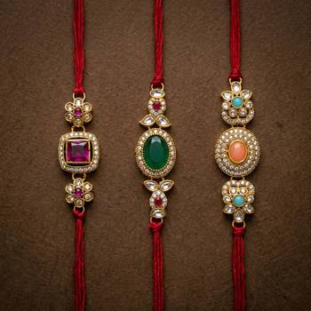 Multi color set of 3 kundan rakhis traditional design 1