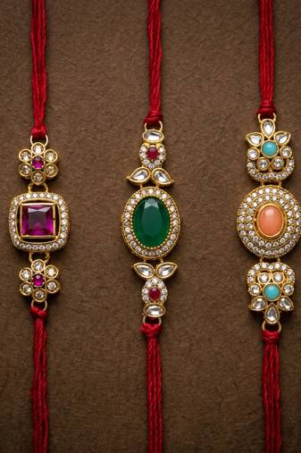 Multi color set of 3 kundan rakhis traditional design