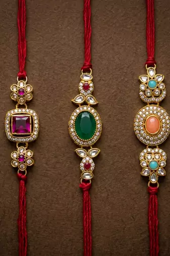 Multi color set of 3 kundan rakhis traditional design