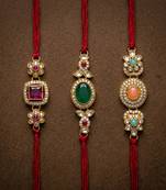 Multi color set of 3 kundan rakhis traditional design