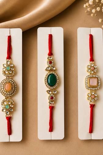 Assorted color set of 3 kundan rakhis handmade style