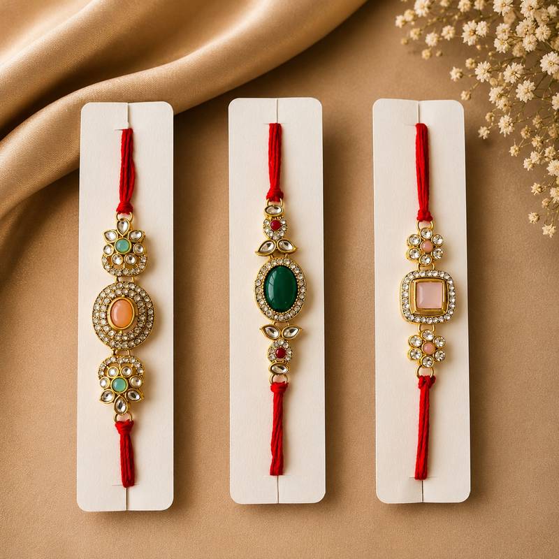 Assorted color set of 3 kundan rakhis handmade style