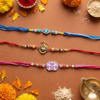 Multi color set of 3 thread rakhis stylish design 1