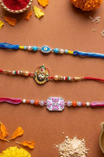 Multi color set of 3 thread rakhis stylish design