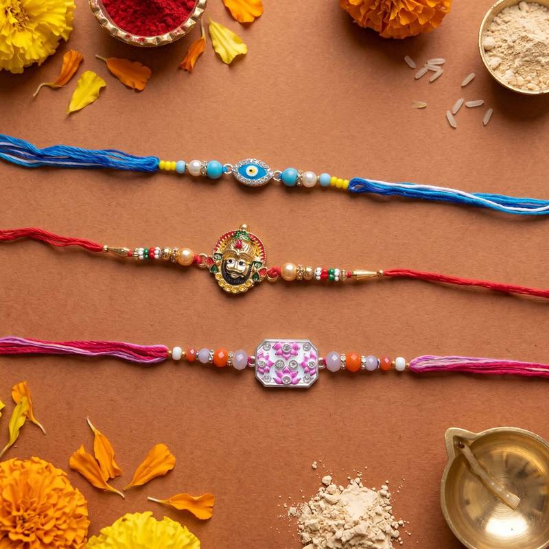 Multi color set of 3 thread rakhis stylish design