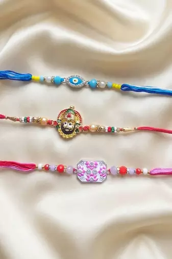 Multi color set of 3 thread rakhis stylish design