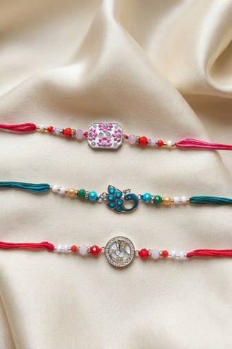 Multi color set of 3 thread rakhis traditional finish