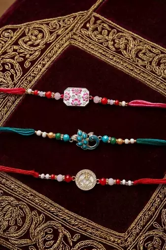 Multi color set of 3 thread rakhis traditional finish
