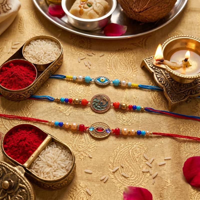 Multi color set of 3 thread rakhis handmade design