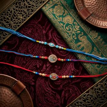 Multi color set of 3 thread rakhis handmade design 2