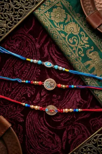 Multi color set of 3 thread rakhis handmade design