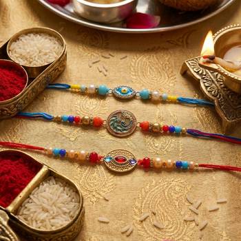 Multi color set of 3 thread rakhis handmade design 3