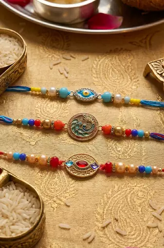 Multi color set of 3 thread rakhis handmade design