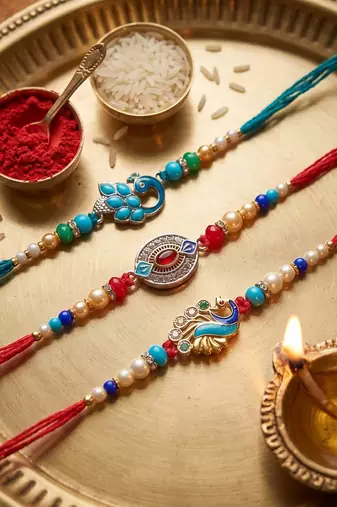 Multi color set of 3 thread rakhis ethnic style