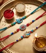 Multi color set of 3 thread rakhis ethnic style