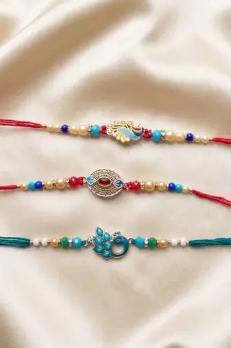 Multi color set of 3 thread rakhis ethnic style