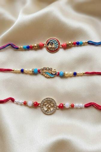 Multi color set of 3 thread rakhis premium finish