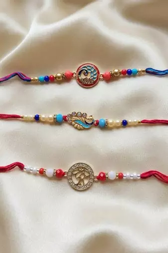Multi color set of 3 thread rakhis premium finish