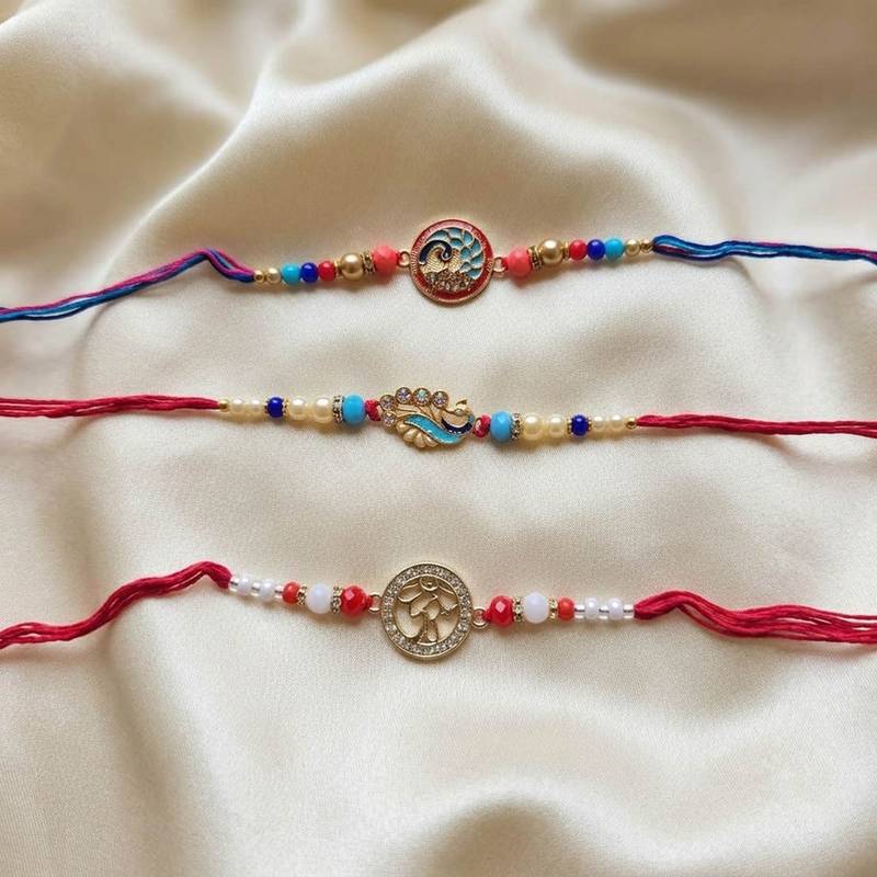Multi color set of 3 thread rakhis premium finish