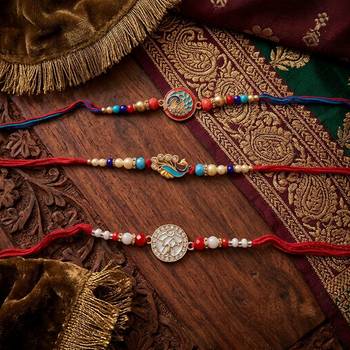 Multi color set of 3 thread rakhis premium finish 2