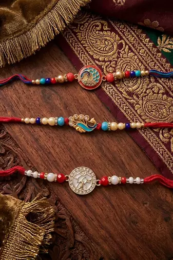 Multi color set of 3 thread rakhis premium finish