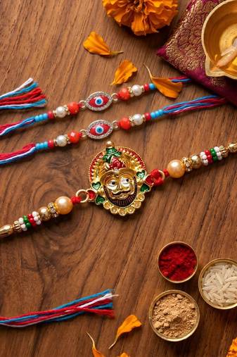 Multi color set of 3 thread rakhis traditional style