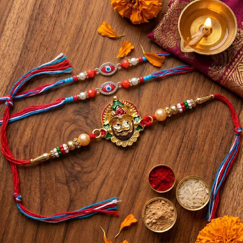 Multi color set of 3 thread rakhis traditional style