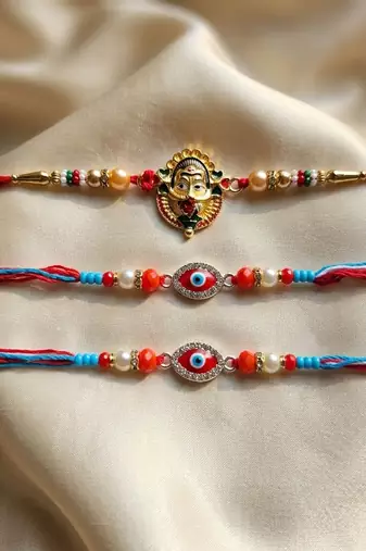 Multi color set of 3 thread rakhis traditional style