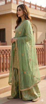 Elegant Pista Green Brocade Kurti and Sharara Set with Scalloped Dupatta 2