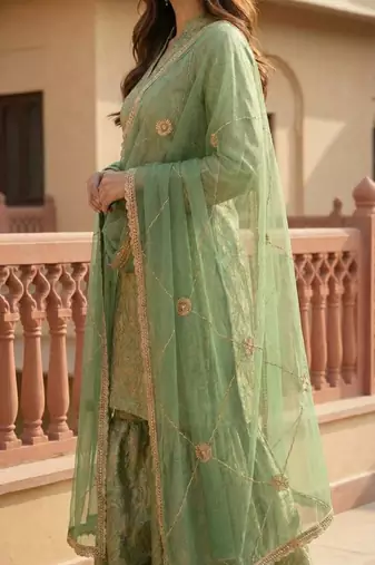 Elegant Pista Green Brocade Kurti and Sharara Set with Scalloped Dupatta