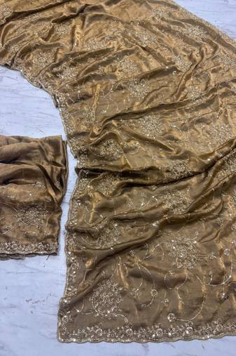 Brown Color Cudana and sequins work Satin Saree