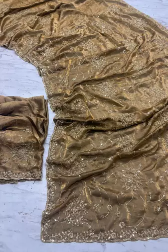 Brown Color Cudana and sequins work Satin Saree