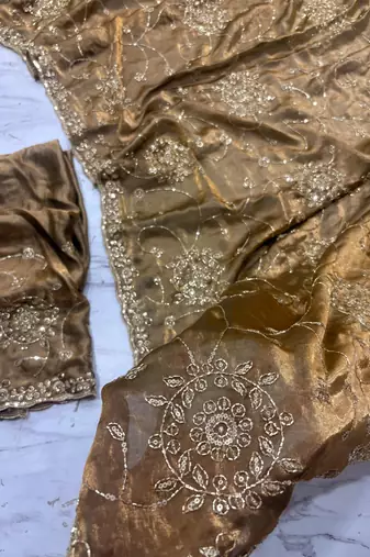 Brown Color Cudana and sequins work Satin Saree