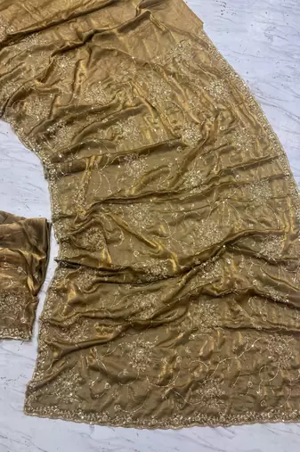 Brown Color Cudana and sequins work Satin Saree
