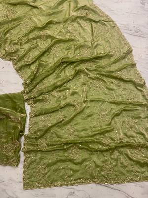 Olive Color Cudana and sequins work Satin Saree 1